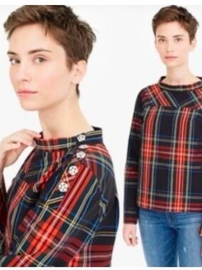 J.crew Stewart Plaid jewel shoulder 12 cotton shirt top long sleeve blouse crew